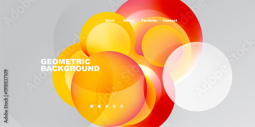 Abstract geometric shapes overlap, creating vibrant color gradients. Text labels indicate website sections work, about, portfolio, contact. Minimalist design.