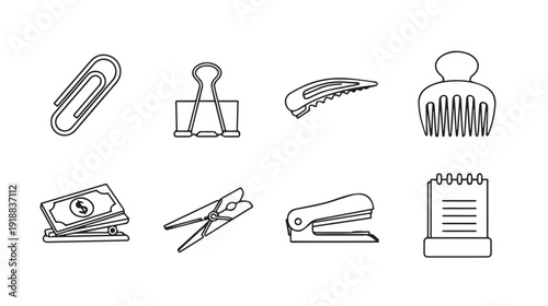 Office Supplies Collection: Paperclip Binder Clip Hair Clip Comb Money Clothes Pin Stapler Notepad