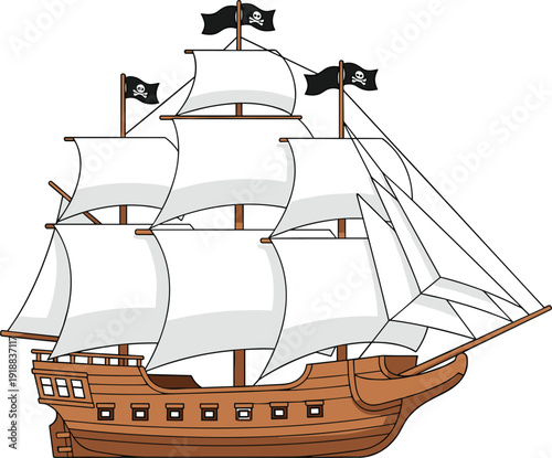 Vector illustration of an ancient wooden pirate ship with white sails and black pirate flags for ocean adventure