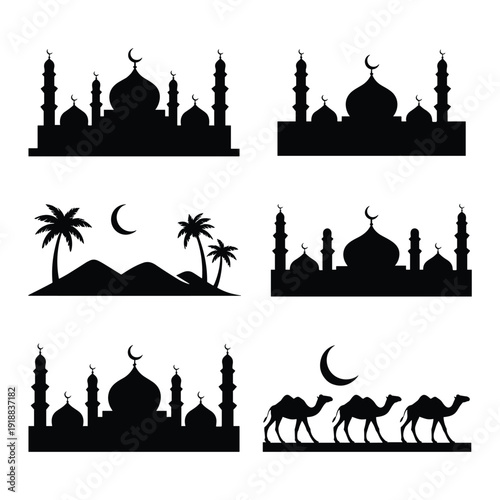 Silhouettes of islamic architecture and desert scenes in black and white isolated on white background, Vector