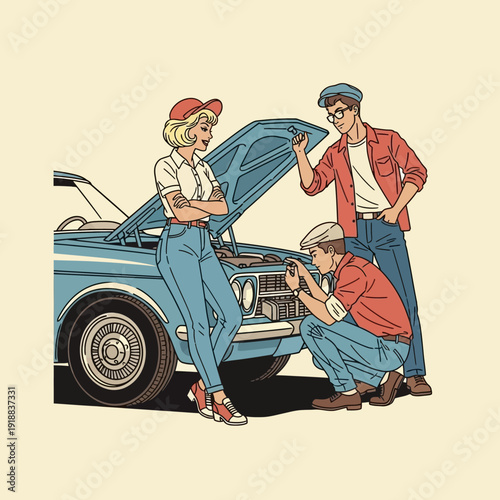 Retro Couple Fixing Vintage Car Together, Mechanic Assistance
