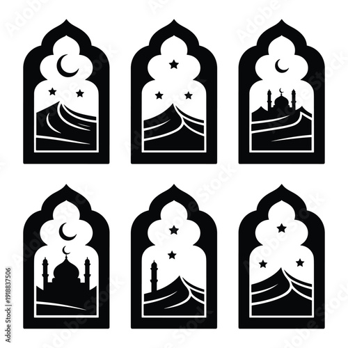 Six identical black and white icons featuring a mosque and crescent moon isolated on white background, Vector