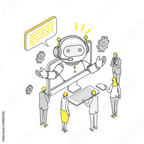 AIボットと一緒に業務改善を考えるビジネスチームのアイソメトリックイラスト
