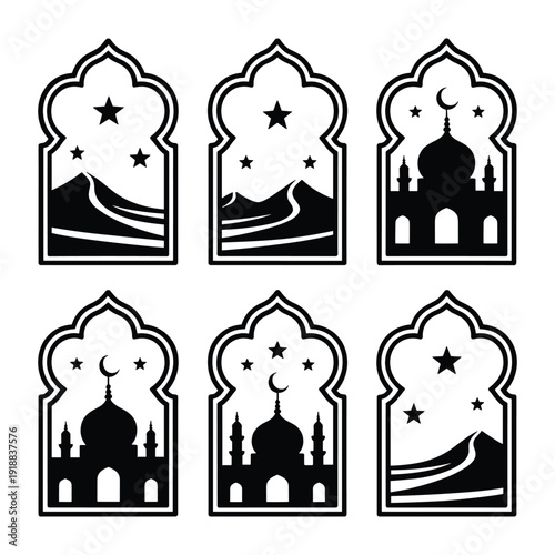 Six distinct architectural icons representing islamic heritage and culture isolated on white background, Vector