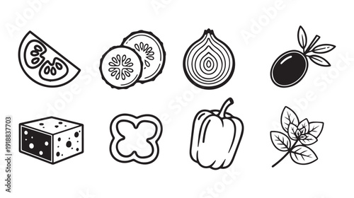 Pizza Ingredients Icons: Tomato Onion Pepper Cheese Olive Oregano Vector Art