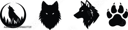 Silhouette of a wolf's head and paw prints in black on a white background with a crescent moon and star
