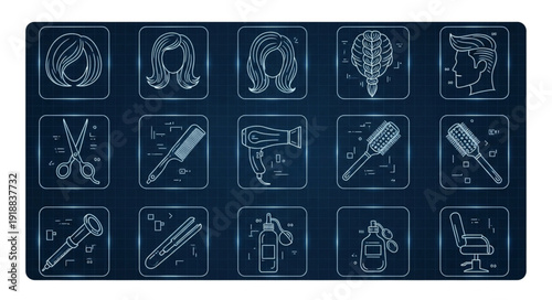 Collection of hairdressing and barber tools icons on dark background.
