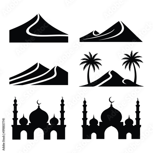A collection of six black and white icons representing various landscapes and architecture. isolated on white background, Vector