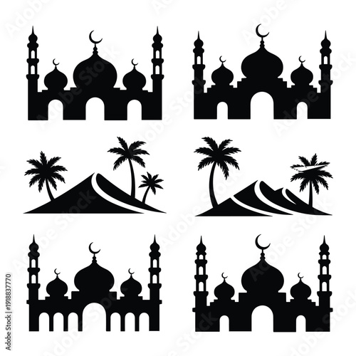 Diverse islamic architecture and scenery illustrations in black and white isolated on white background, Vector