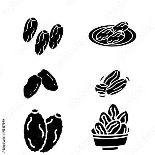 Collection of black and white illustrations of dates, presented in various arrangements and bowls