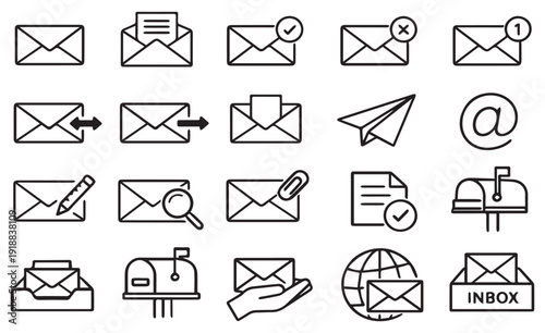 Email inbox management and digital mail communication line icon set vector design