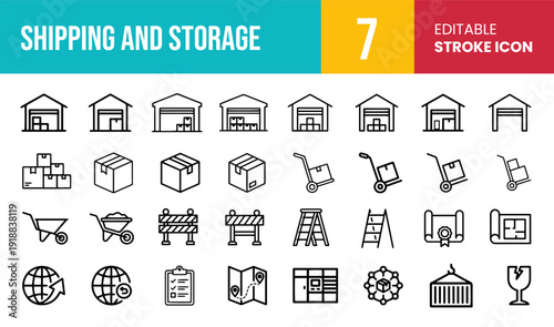 Shipping, Warehouse Storage and Commercial Logistics Editable Stroke Line Vector Icon Set with Cardboard Boxes, Inventory Management and Freight Supply Chain