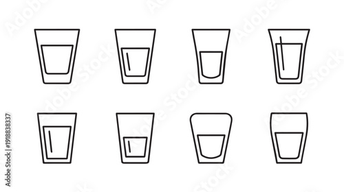 Set of eight different shot glass outlines on white background