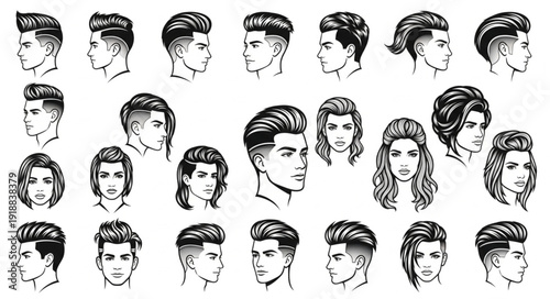 Collection of diverse hairstyles for men and women in sketch style.