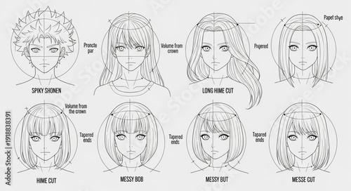 Anime Character Design Sketches Showing Different Hairstyles and Expressions.