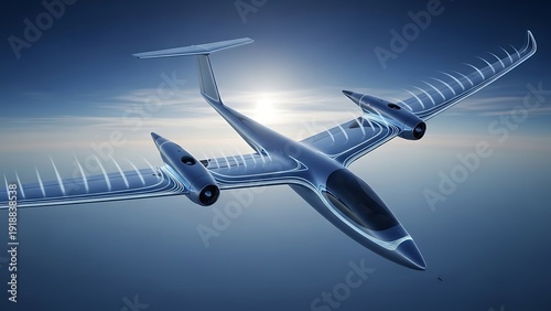 Futuristic Electric Aircraft Soars: Sustainable Aviation, Advanced Design, Zero-Emission Flight Technology.