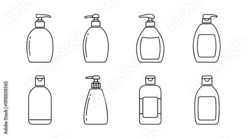 Set of eight liquid soap dispenser bottle outlines on white background stock vector