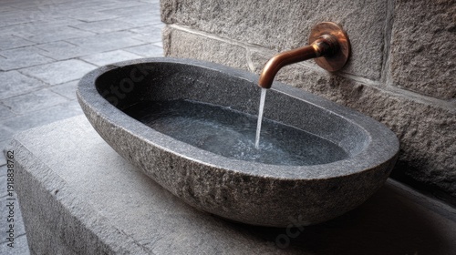Rough hewn stone basin receives flowing water from a metal fixture mounted on a textured wall