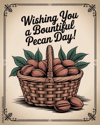 Bountiful pecan harvest basket adorned with sepia tones and rustic charm celebrating the joy of nature's bounty. National Pecan Day