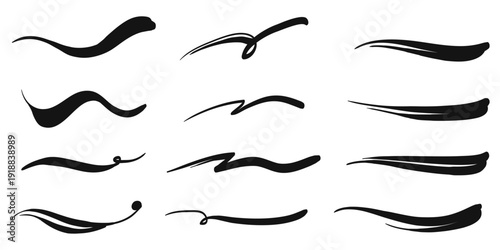 Hand drawn swoosh, swash, Swirl, underline shapes set in retro style. Swooshes text tails for baseball design. isolated on white background