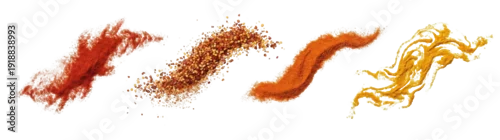 Panel kuchenny z motywem Four distinct spice powder trails, including paprika, chili, cumin, and turmeric, creating dynamic wavy shapes isolated on a transparent background.