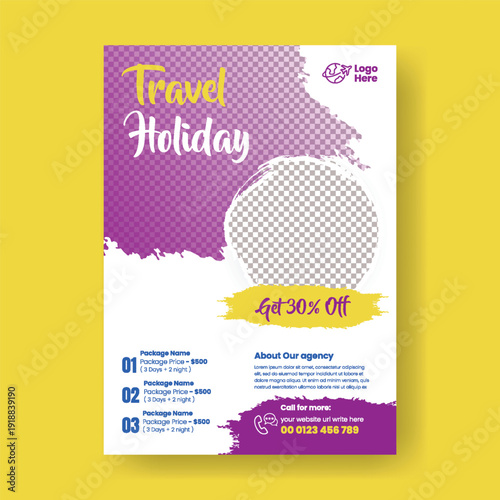 Modern travel agency summer holiday travel flyer A4 print ready vector template, tour poster for vacation travel sale, tourism marketing brochure cover and leaflet design template