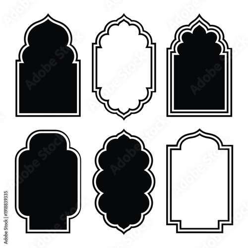 Six decorative frame designs with intricate borders and solid fillings isolated on white background, Vector