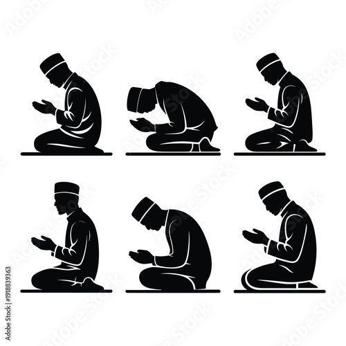Illustration of a person performing the five daily prayers in islam isolated on white background, Vector