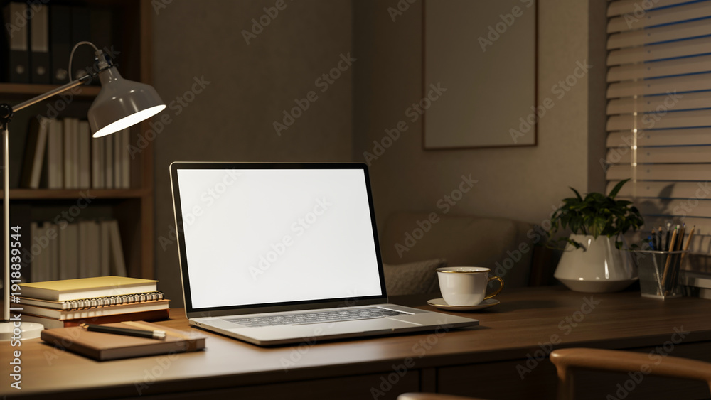 custom made wallpaper toronto digitalWhite screen laptop with books and coffee on wooden table under lamp light in dim study office room.