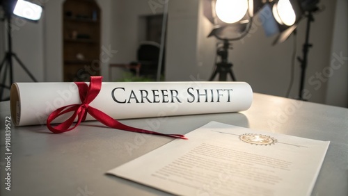 Career Shift Motivation Roll with Ribbon and Formal Letter on Table
