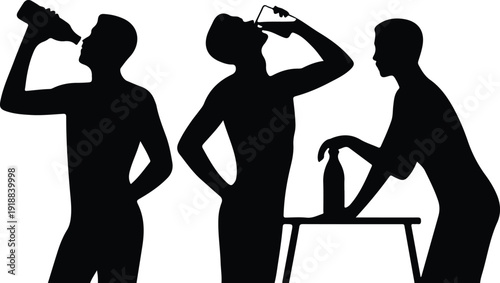 Hydration Reminder Silhouette Trio for Daily Water Intake & Wellness Habit Vector Illustration