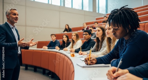 Experienced professor delivers engaging lecture to diverse university students taking notes in a modern college amphitheater focused on higher education