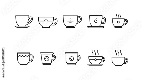 Variety of Coffee Cup Icons and Line Art Designs for Beverages