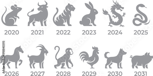 Chinese zodiac animal silhouettes with corresponding year dates, vector illustration