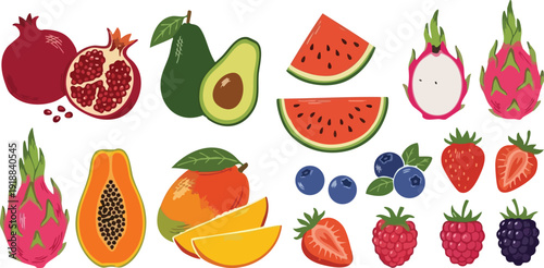 Assorted tropical and garden fruits collection with slices and whole berries in flat style
