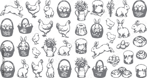 Easter symbols line art pattern with rabbits chickens eggs and baskets on grey background