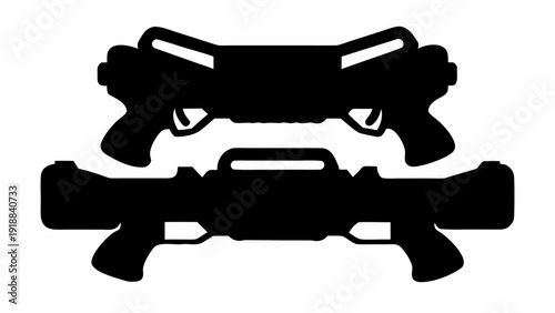 Silhouette illustration of two futuristic ray guns stacked on top of each other on a white background | editable eps vectors
