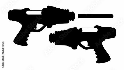 Silhouette depiction of two ray guns with a laser beam between them on a white background scene | editable eps vectors