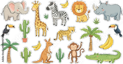 Cute jungle animals elephant giraffe zebra lion rhinoceros toucan cheetah monkey crocodile