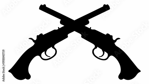 Silhouette depiction of two antique revolvers crossed against a white background in a simple design | editable eps vectors