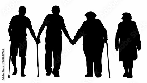 Silhouette of four elderly people holding hands and using walking sticks for support and assistance walking | editable eps vectors