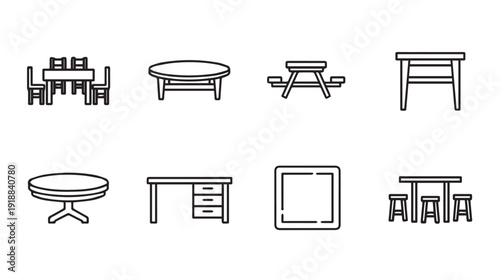 Various table and seating icons set line art isolated on white background