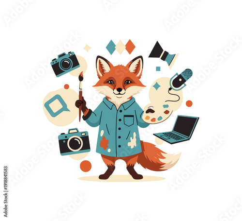 Cartoon fox artist with creative tools illustration