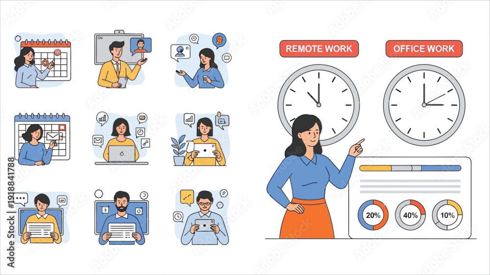 Fototapeta premium Vector set of hybrid work scenarios showing professionals with adaptable schedules working from the office