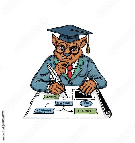 Cartoon werewolf professor with ink pen diagram education concept