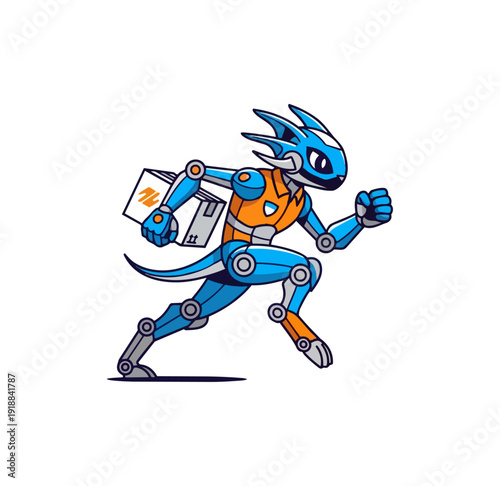 Robot reptile delivering package illustration against black background