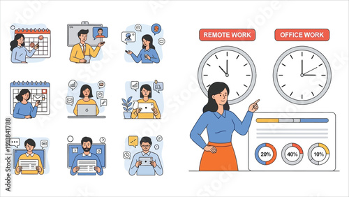 Vector set of hybrid work scenarios showing professionals with adaptable schedules working from the office
