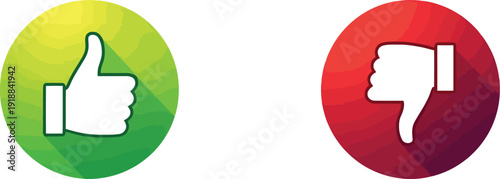 Flat design icons depicting a white thumbs up symbol inside a bright green circle contrasting sharply with a white thumbs down symbol inside a deep red circle illustrating approval versus disapproval.