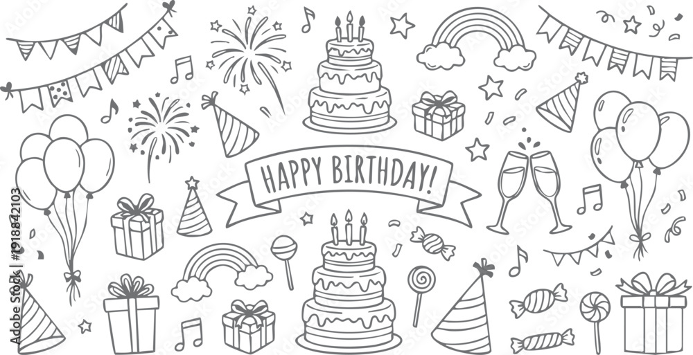 Fototapeta premium Happy birthday doodle collection with cakes balloons fireworks and decorations for party celebration