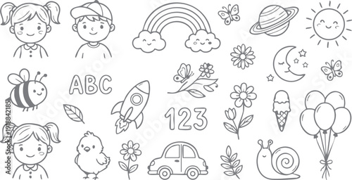 Kids doodle seamless pattern, hand drawn elements with cute children and toys